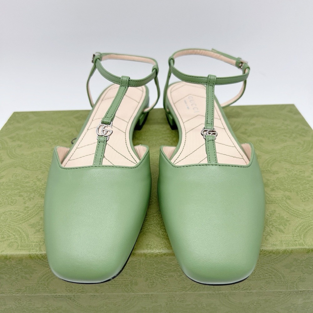 GUCCI Women Ballet Flat DOUBLE G INTERLOCKING LOGO Slingback Green Leather EU 36 - Picture 4 of 11